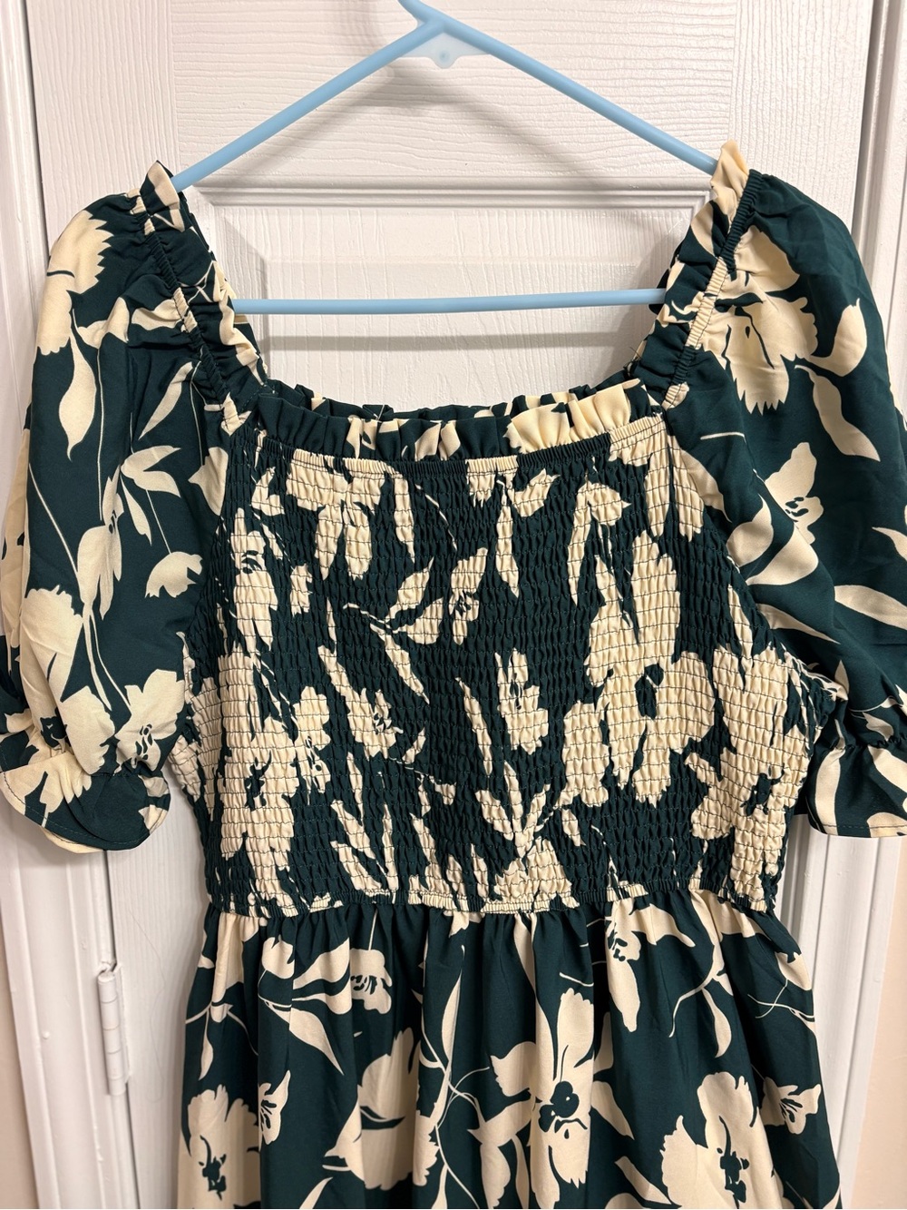 SHEIN Dark Green Floral Smocked Maxi Dress with Cream Print
